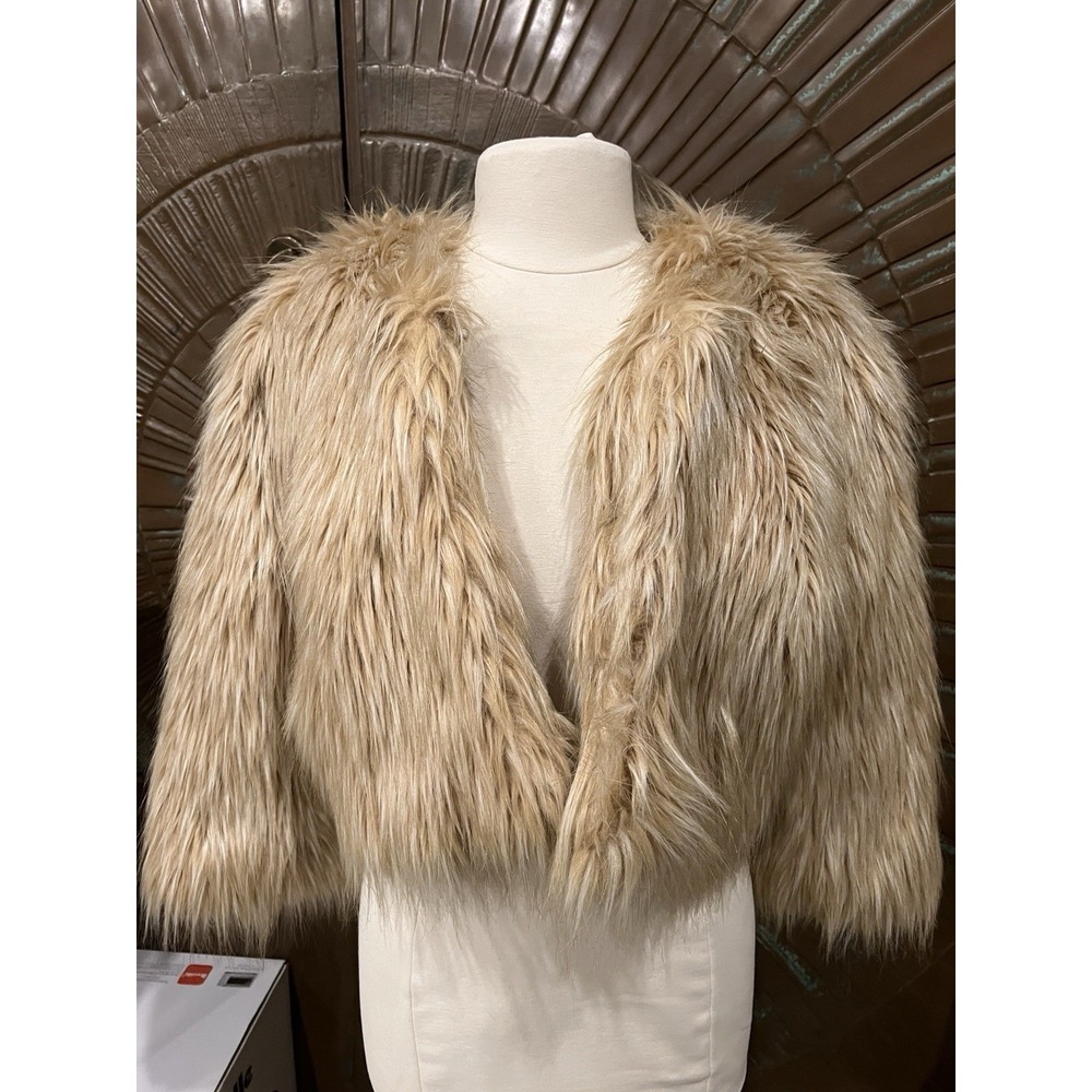 Honey Beige Shaggy Glam Faux Fur Cropped Bolero Jacket Open Front‎ Coat Lined
